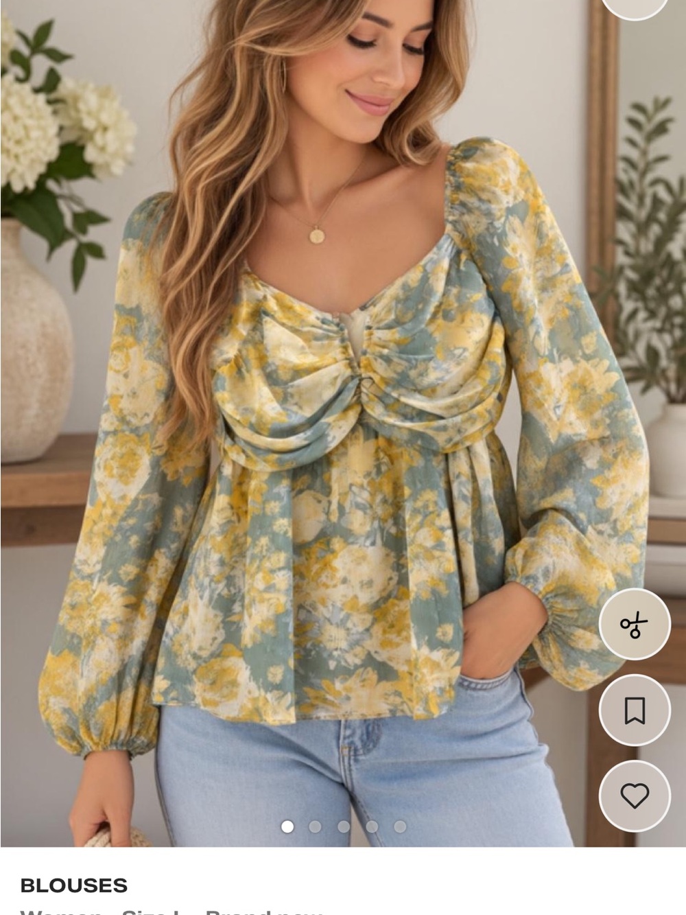 mittoshop Yellow & Sage Floral Ruched Peasant Blouse